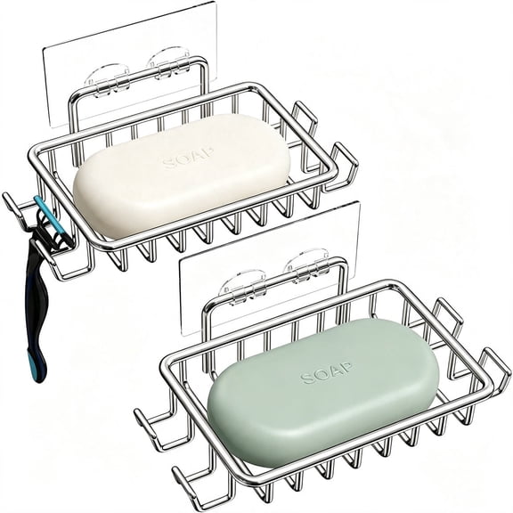 2 Pack Stainless Steel Wall Mounted Soap Dish, Rustproof Adhesive Shower Soap Holder with Razor & Sponge Storage, Silver Bathroom Soap Caddy
