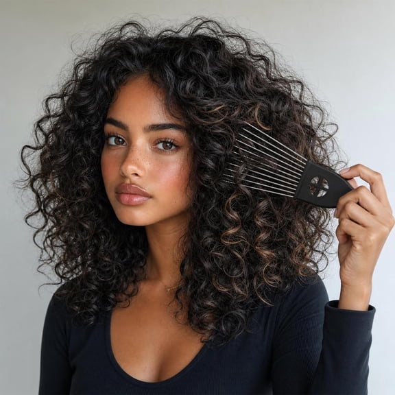 2 Pack Standard Afro Pick Comb, 6.81 Inch (17.3cm) Fist Handle Metal Hair Pick, Black