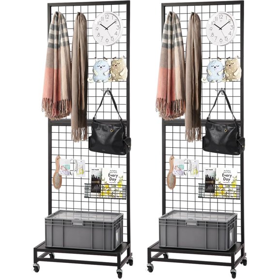 2-Pack Standing Grid Wall Panels with Baseplates, 2' x 6' Modular Wire Gridwall Display Rack Tower with Wheels, Black Freestanding Retail Merchandiser for Art Craft Shows