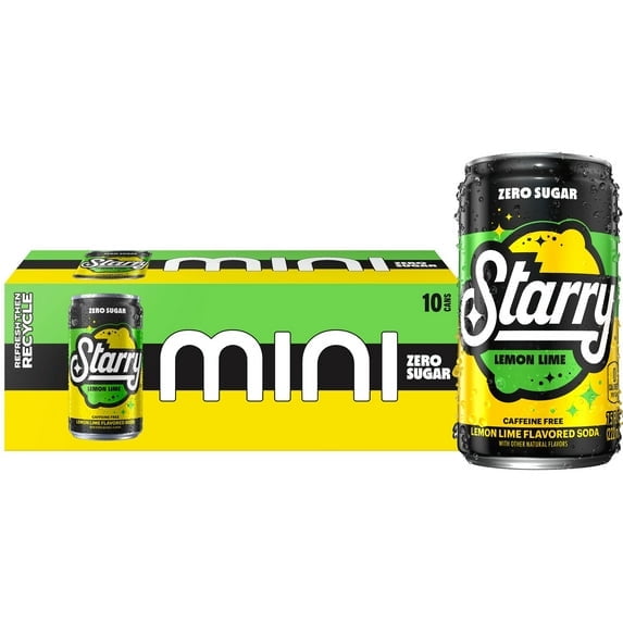 (2 Pack) Starry Zero Sugar Lemon Lime Soda Pop, 7.5 fl oz, 10 Pack Mini Cans
