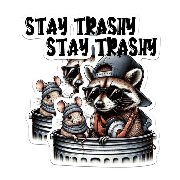 (2 Pack) Stay Trashy Raccoon Stickers - Trash Panda - Funny Raccoon Critter Sticker - 5 Inches On Longest Side - Premium Vinyl - for Cars, Trucks, Skateboards, Laptops - Made in USA - BMCS0500
