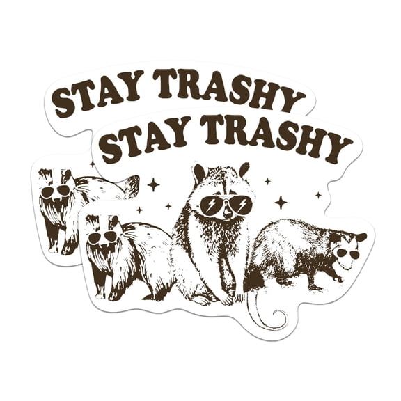 (2 Pack) Stay Trashy Stickers - Funny Raccoon Critter - 5 Inches On Longest Side - Premium Vinyl - for Cars, Trucks, Skateboards, Laptops - Made in USA - BMCS0621