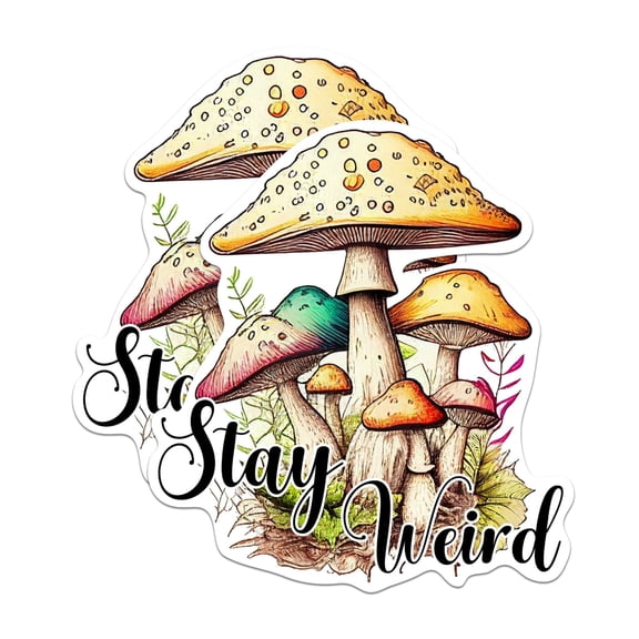 (2 Pack) Stay Weird Mushroom Stickers - Mycology Fungi Outdoorsman Hiking Camper Sticker - 5 Inches On Longest Side - Premium Vinyl - for Cars, Trucks, Skateboards, Laptops - Made in USA - BMCS0502