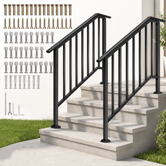 2-Pack Steel Handrails Black for Outdoor Porch Deck Steps
