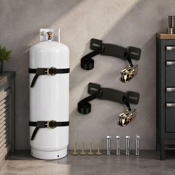 2 Pack Steel Propane Mount Bracket with 6.6ft Ratchet Straps, Heavy Duty Cylinder Holder for 10LB-100LB Tanks, Black