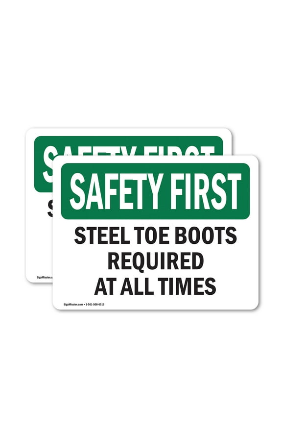 (2 Pack) Steel Toe Boots Required At All Times OSHA Safety First Sign 5 Inch X 3.5 Inch Vinyl Label Decal Sticker Weather Resistant, UV Protected for Workplace, Business, and