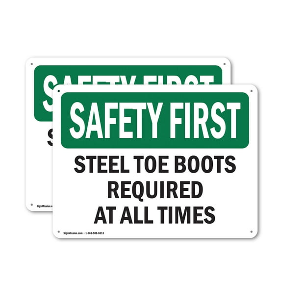 (2 Pack) Steel Toe Boots Required At All Times OSHA Safety First Sign 24 Inch X 18 Inch Plastic Sign, Weather Resistant, UV Protected for Workplace, Business, and Construction Site,