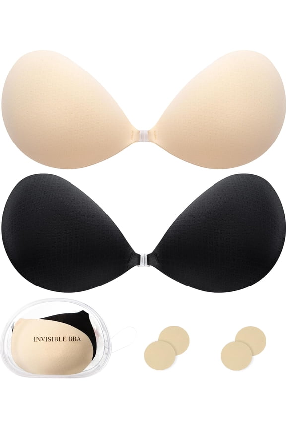 2 Pack Stick On Push Up Bra for Women - Breathable & Reusable Sticky Invisible Adhesive Bra, Strapless & Backless Bra with for Everyday Wearing with 2 Pack Nipple Covers