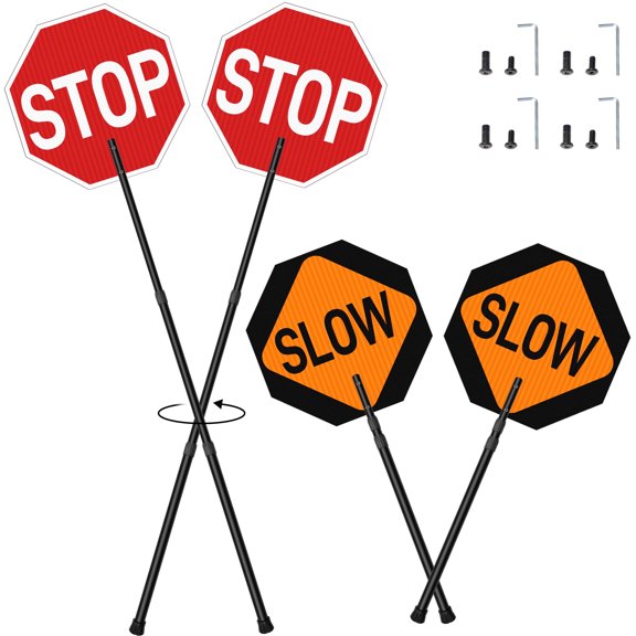 2 Pack Stop Slow Sign 18 x 18 Inches with 66 Inch Telescopic Handle, Double Sided Handheld Paddle Sign, Adjustable Reflective Aluminum Traffic Sign for Road and Street