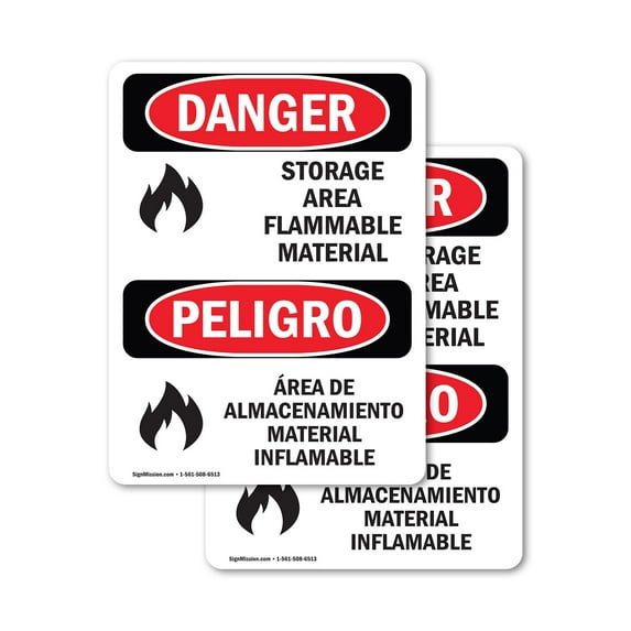 (2 Pack) Storage Area Flammable Material Bilingual OSHA Danger Sign