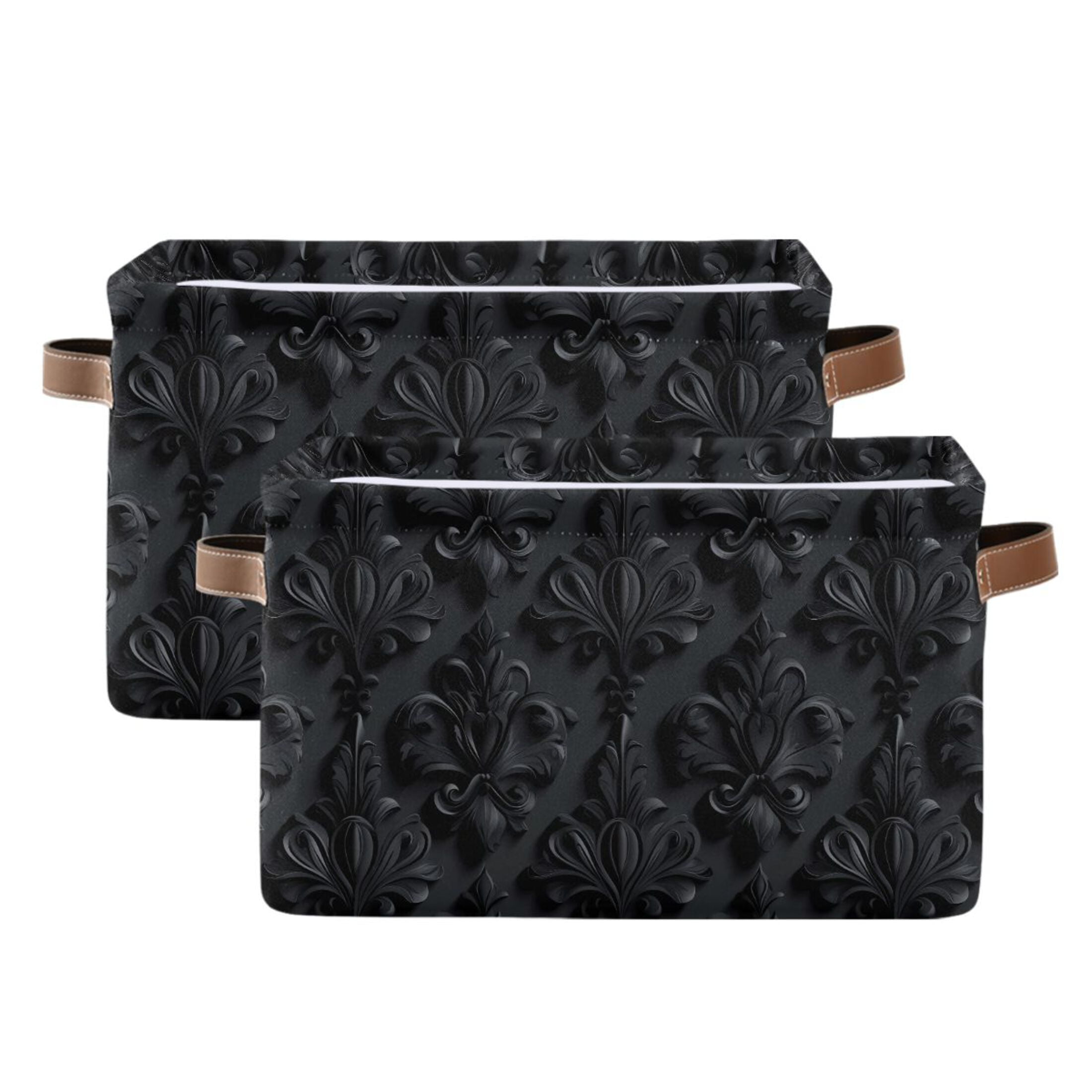 2 Pack Storage Bins with Handle Fabric Organizer Basket Foldable Box 3d Dark Black Damask 14.2x10.2x8.3