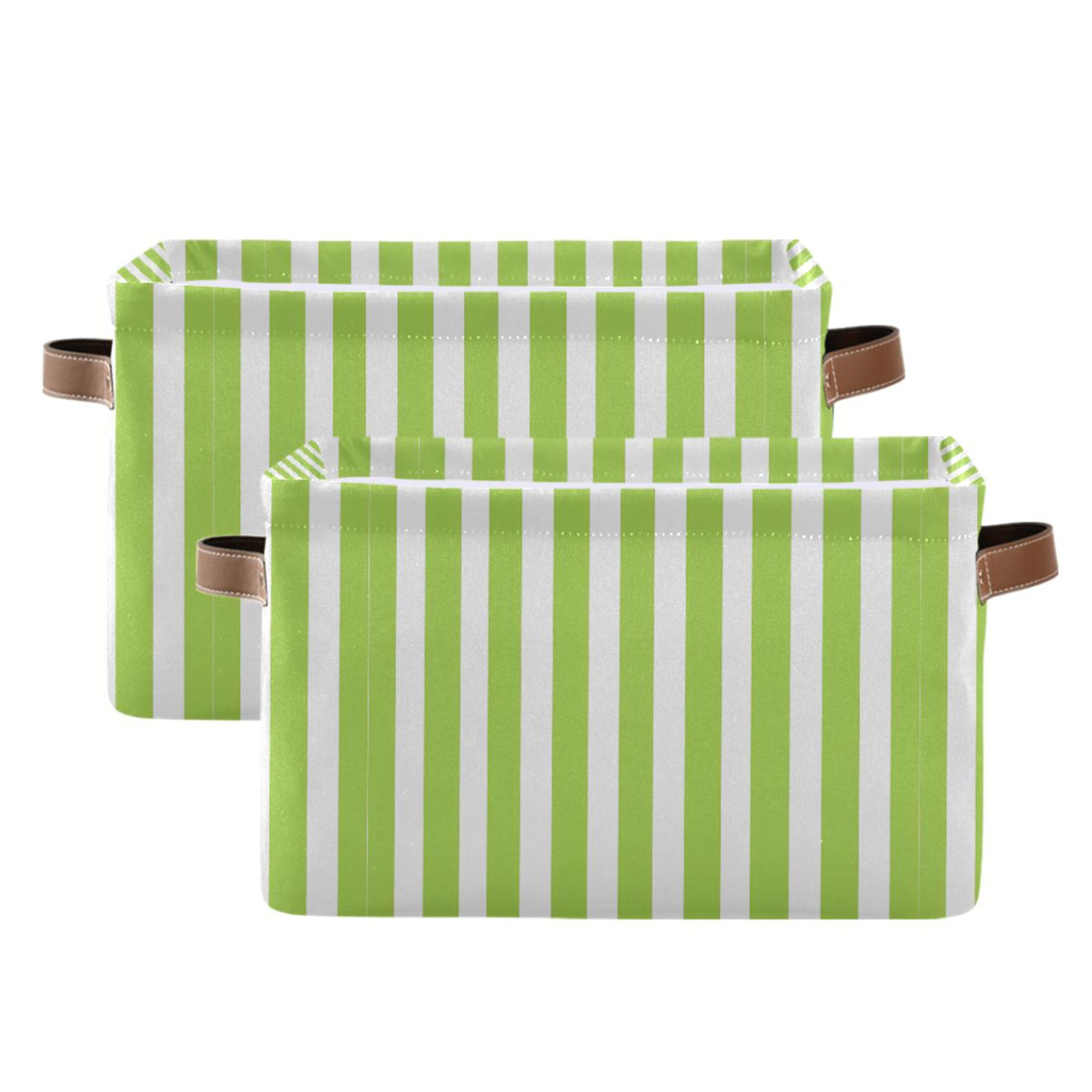 2 Pack Storage Bins with Handle Fabric Organizer Basket Foldable Box Apple Green and White Stripes 14.2x10.2x8.3