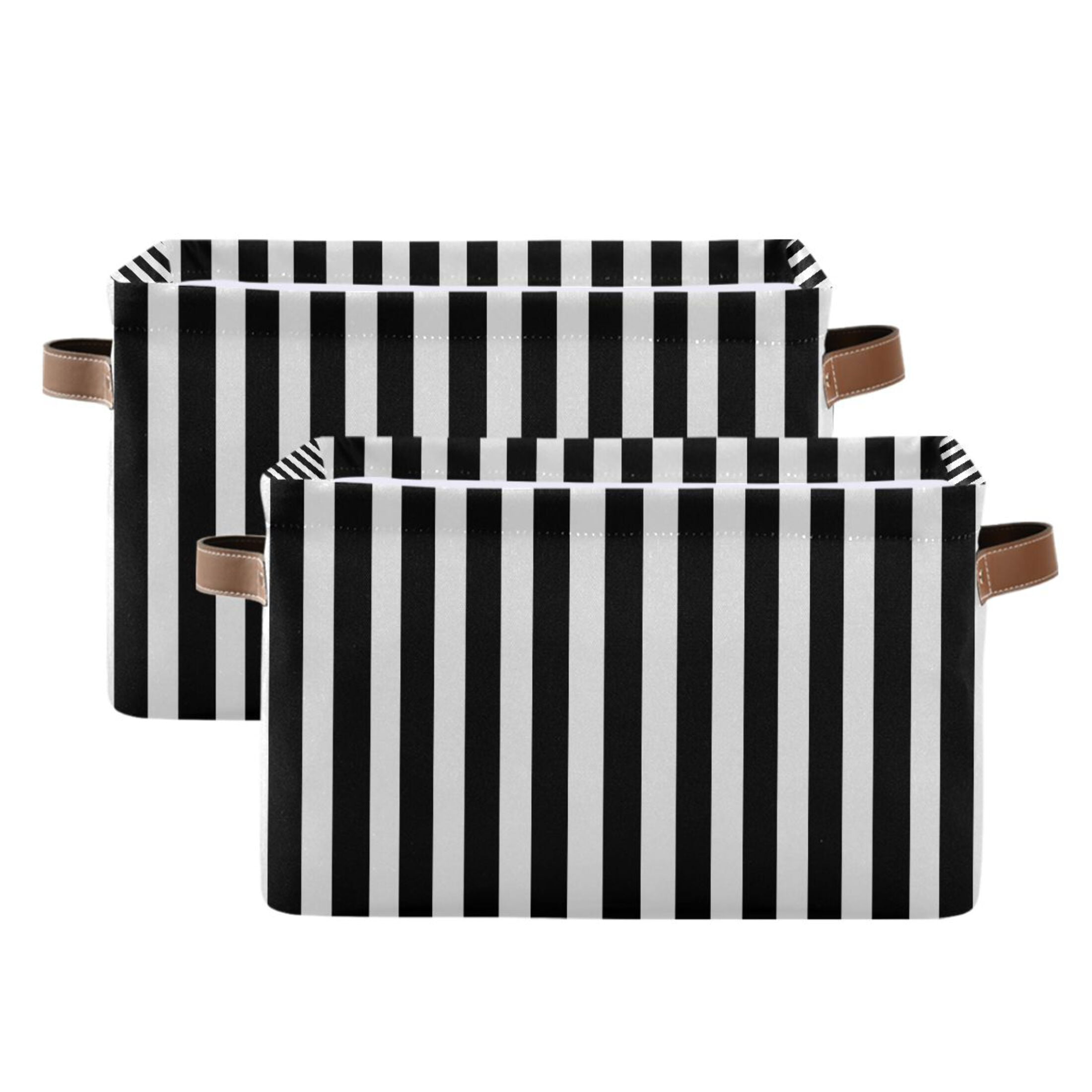 2 Pack Storage Bins with Handle Fabric Organizer Basket Foldable Box Black and White Striped 14.2x10.2x8.3