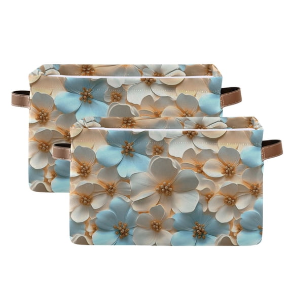 2 Pack Storage Bins with Handle Fabric Organizer Basket Foldable Box Blue Peach 3d Flowers 14.2x10.2x8.3