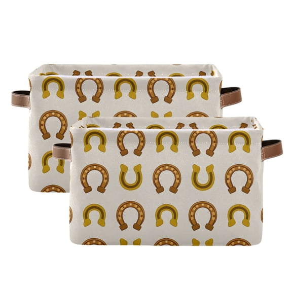 2 Pack Storage Bins with Handle Fabric Organizer Basket Foldable Box Brown Horseshoe 14.2x10.2x8.3