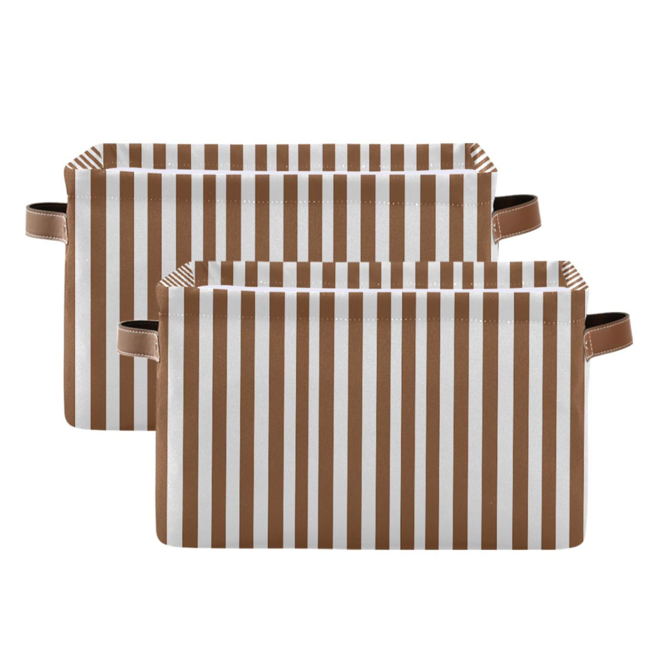 2 Pack Storage Bins with Handle Fabric Organizer Basket Foldable Box Brown and White Striped 14.2x10.2x8.3