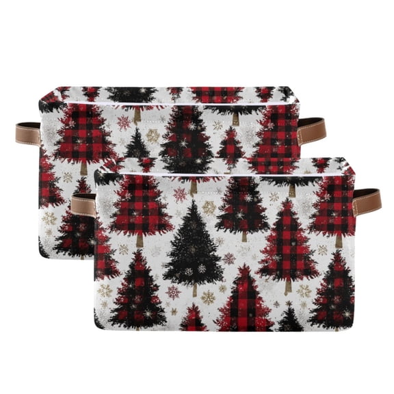 2 Pack Storage Bins with Handle Fabric Organizer Basket Foldable Box Christmas Tree with Plaid 14.2x10.2x8.3