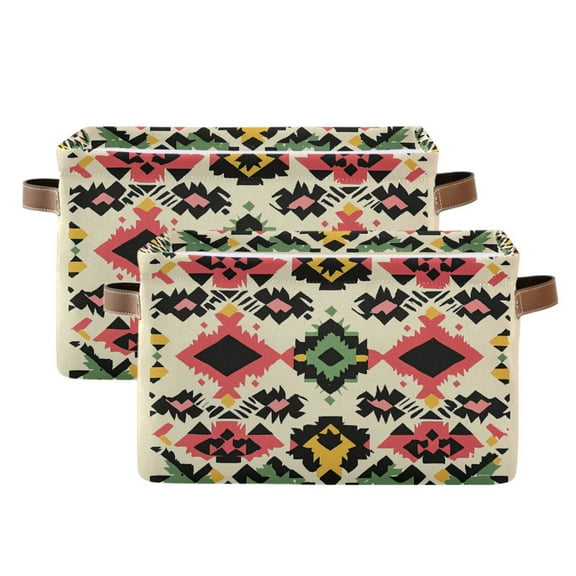 2 Pack Storage Bins with Handle Fabric Organizer Basket Foldable Box Colorful Aztec Pattern 14.2x10.2x8.3