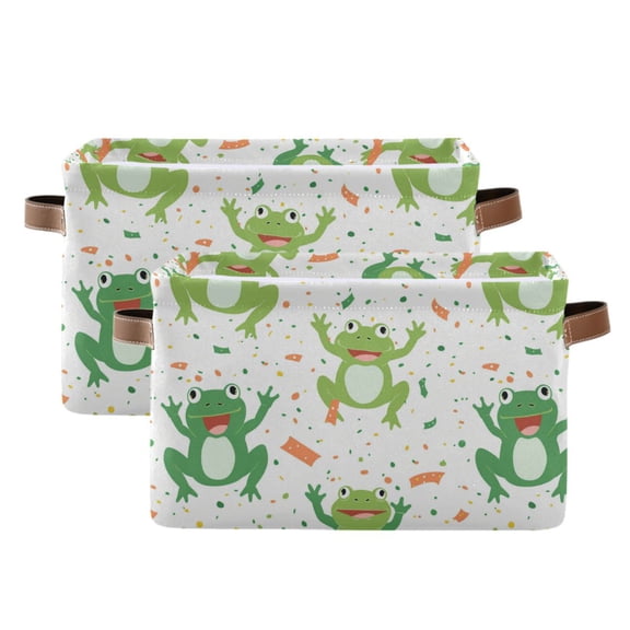 2 Pack Storage Bins with Handle Fabric Organizer Basket Foldable Box Cute Cartoon Frogs with Confetti 14.2x10.2x8.3