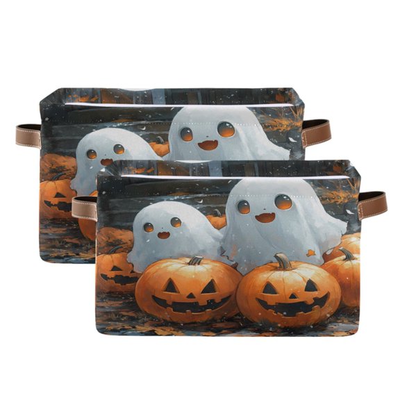 2 Pack Storage Bins with Handle Fabric Organizer Basket Foldable Box Cute Ghosts Play with Pumpkin 14.2x10.2x8.3