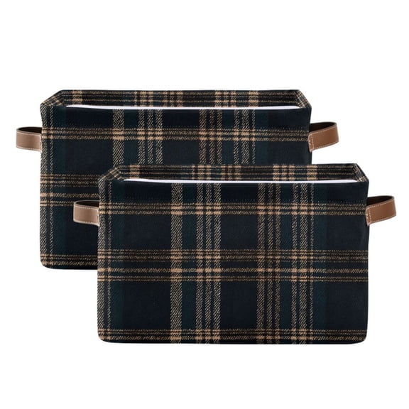 2 Pack Storage Bins with Handle Fabric Organizer Basket Foldable Box Dark Green Brown Tartan 14.2x10.2x8.3
