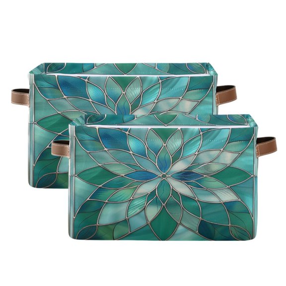 2 Pack Storage Bins with Handle Fabric Organizer Basket Foldable Box Floral Stained Glass 14.2x10.2x8.3