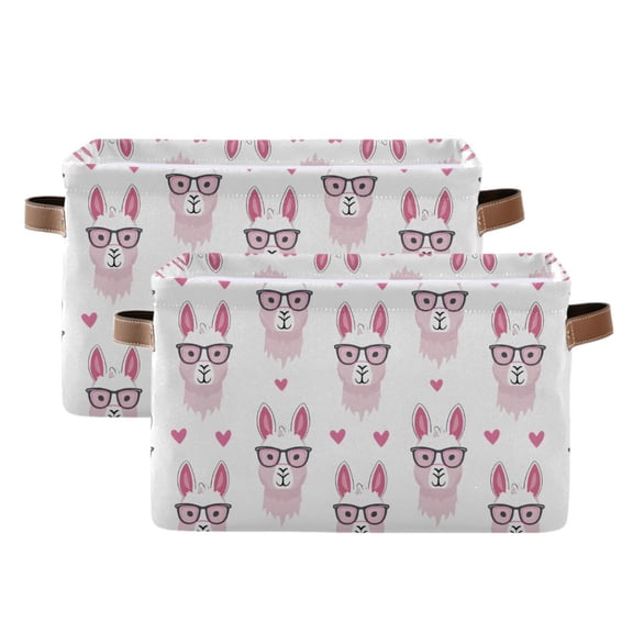 2 Pack Storage Bins with Handle Fabric Organizer Basket Foldable Box Funny Llamas with Glasses 14.2x10.2x8.3