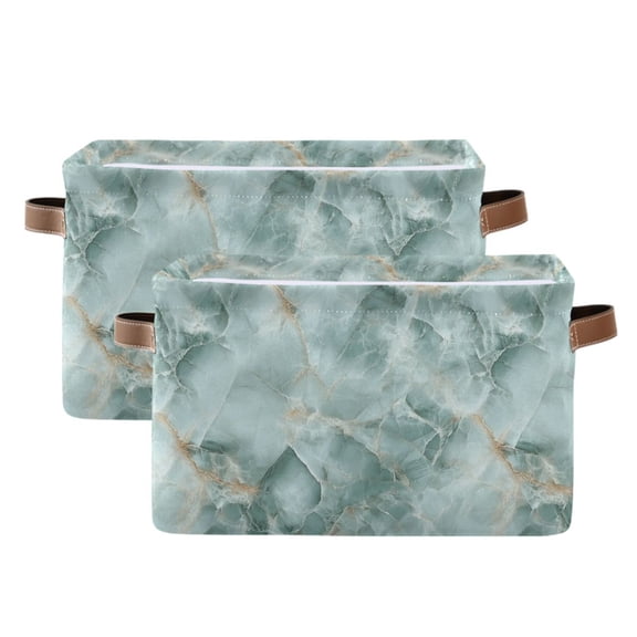 2 Pack Storage Bins with Handle Fabric Organizer Basket Foldable Box Mint Green Marble 14.2x10.2x8.3