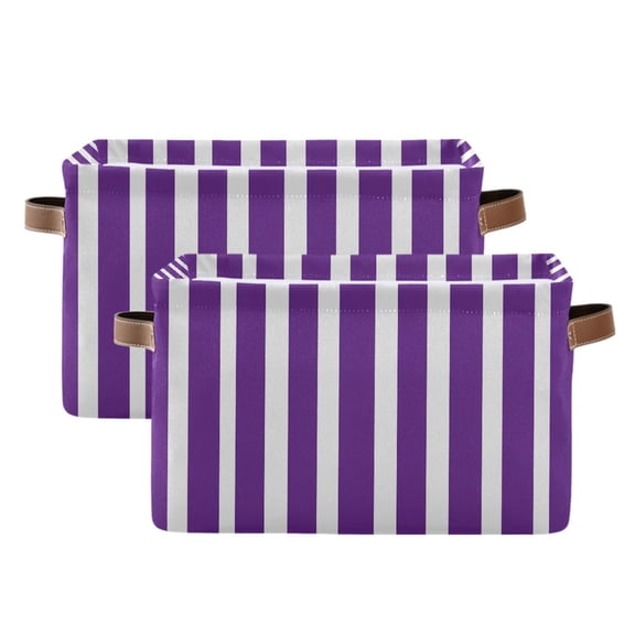 2 Pack Storage Bins with Handle Fabric Organizer Basket Foldable Box Modena Purple and White Striped 14.2x10.2x8.3