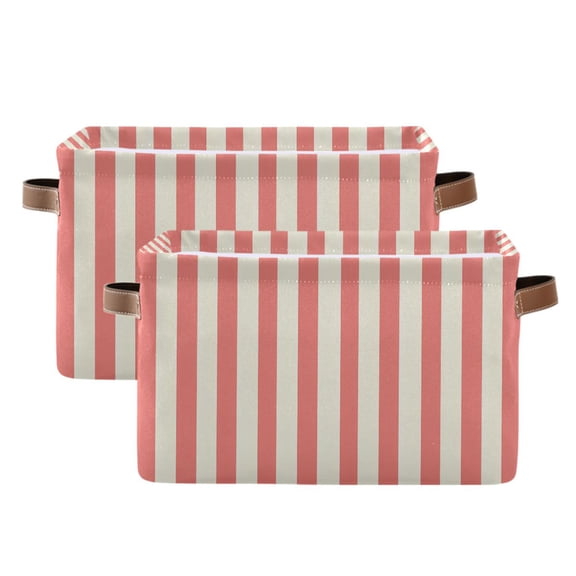 2 Pack Storage Bins with Handle Fabric Organizer Basket Foldable Box Pale Red and Off-white Striped 14.2x10.2x8.3