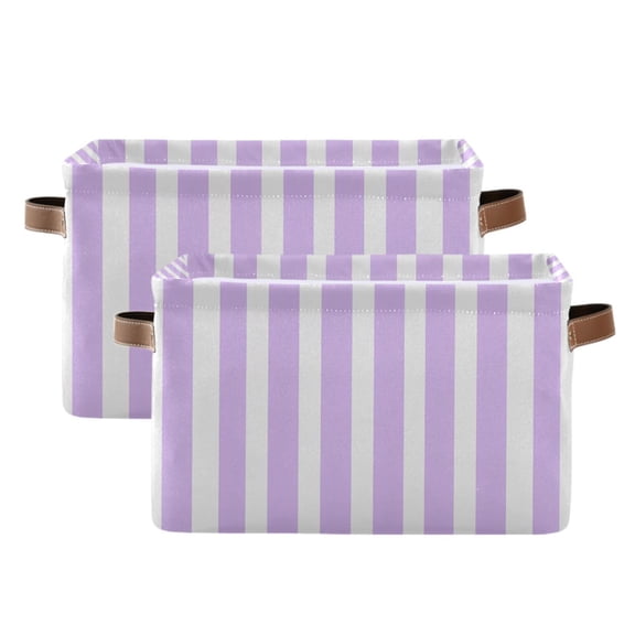 2 Pack Storage Bins with Handle Fabric Organizer Basket Foldable Box Pale Violet and White Striped 14.2x10.2x8.3