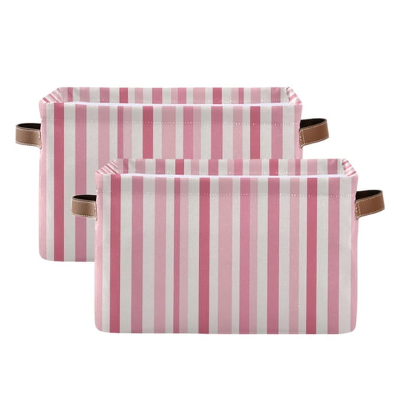 2 Pack Storage Bins with Handle Fabric Organizer Basket Foldable Box Pink Striped 14.2x10.2x8.3