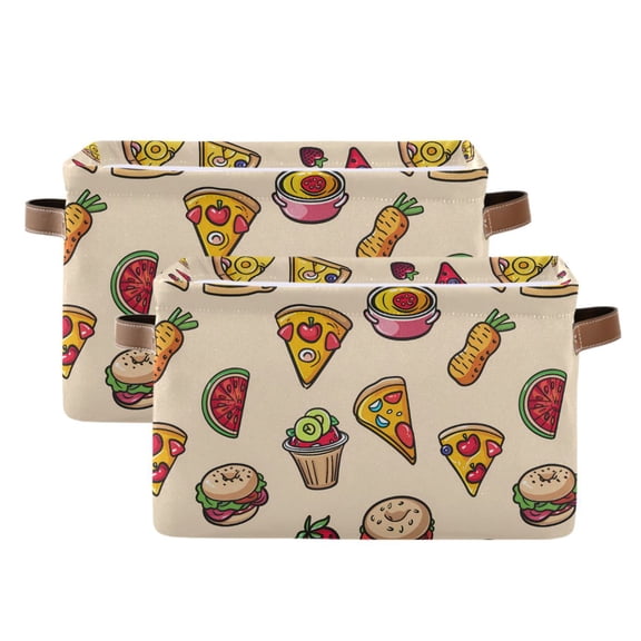 2 Pack Storage Bins with Handle Fabric Organizer Basket Foldable Box Pizza Burger Strawberry Watermelon 14.2x10.2x8.3