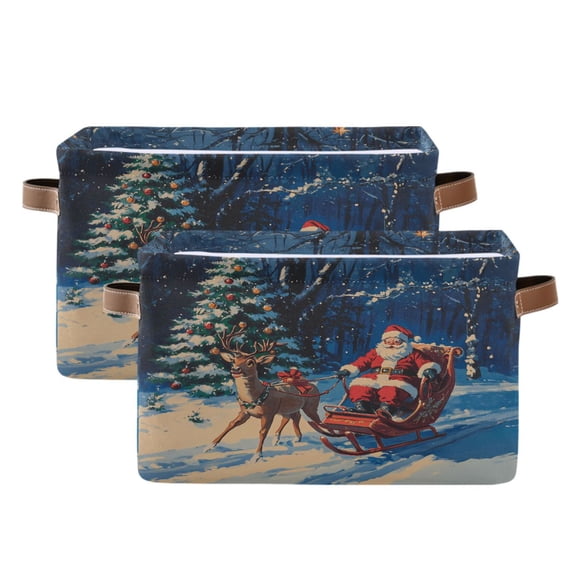 2 Pack Storage Bins with Handle Fabric Organizer Basket Foldable Box Reindeer Pull Christmas Sleigh 14.2x10.2x8.3