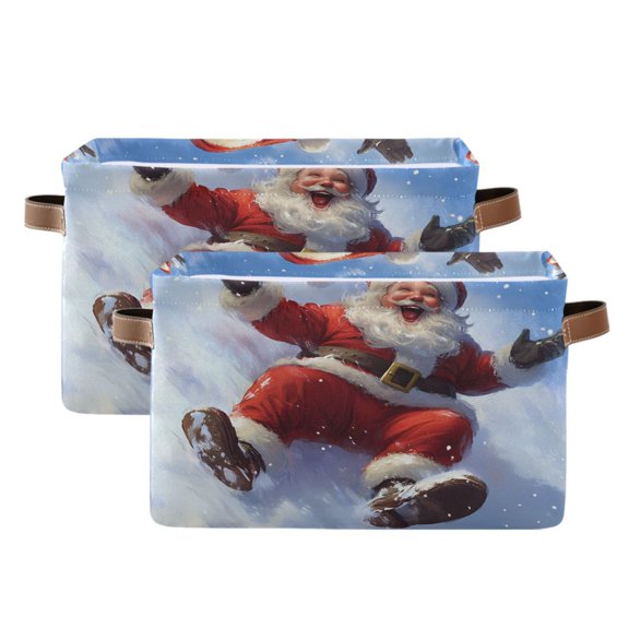 2 Pack Storage Bins with Handle Fabric Organizer Basket Foldable Box Santa Claus Slide Snowy Hill 14.2x10.2x8.3