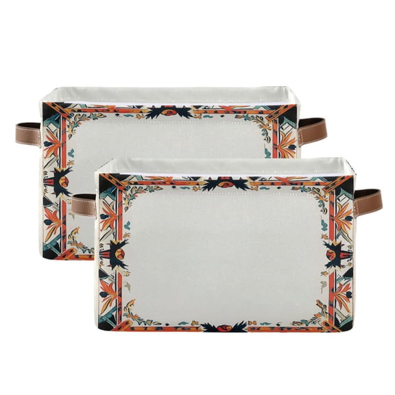 2 Pack Storage Bins with Handle Fabric Organizer Basket Foldable Box Traditional Mexican Pattern Frame 14.2x10.2x8.3