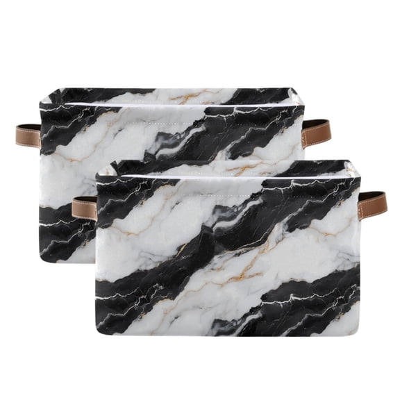 2 Pack Storage Bins with Handle Fabric Organizer Basket Foldable Box White Black Marble Texture 14.2x10.2x8.3
