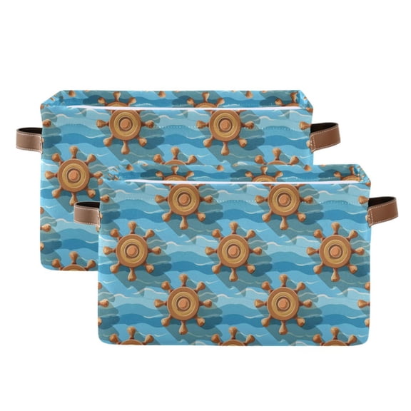 2 Pack Storage Bins with Handle Fabric Organizer Basket Foldable Box Wood Hoods and Wave 14.2x10.2x8.3