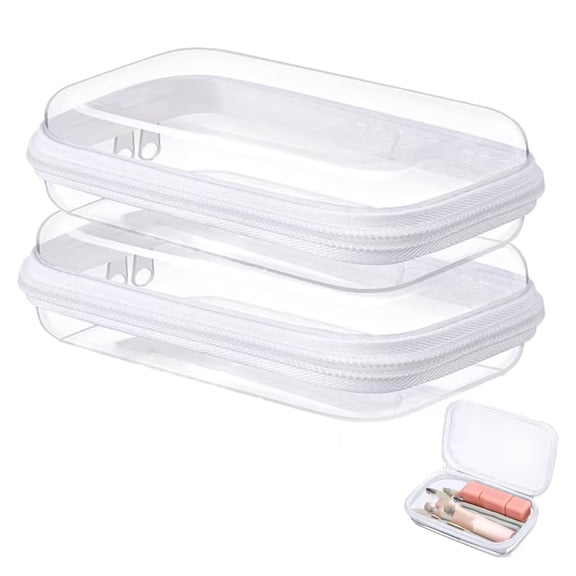 2-Pack Storage Case Clear Hard Shell with Double Zippers, Multi-Purpose Organizer for Snacks, Makeup Tools, Toiletries & Cosmetics(large size)