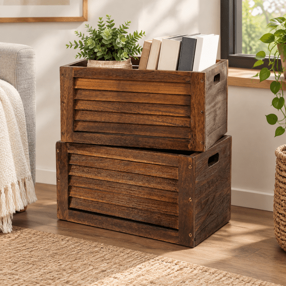 2 Pack Storage Crates with Handle Wood Crates, Stackable Solid Wood Organizer Boxes for Home Decor, Kitchen Pantry, Bedroom, Bathroom Towels, Rustic Ventilated Bins in 3 Colors (Retro Black Brown)