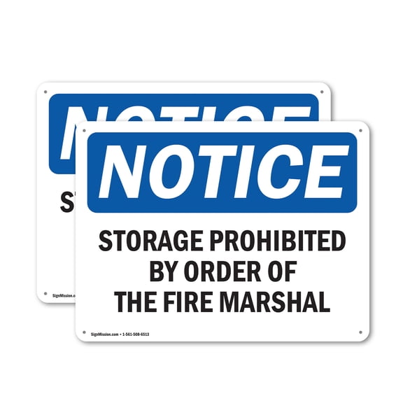 (2 Pack) Storage Prohibited By Order Of The Fire Marshal OSHA Notice Sign 10 Inch X 7 Inch Indoor / Outdoor Rust-Free Aluminum Metal Signs for Workplace, Workshop, and Construction Site
