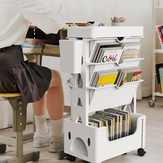 Baokaler Rolling Cart for Books, 5 Tier Multifunctional Book Cart on Wheels, for Home Office Study Room School Classroom, White