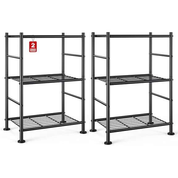 2-Pack Storage Shelves - 3-Tier Metal Wire Shelf Organizer, Slim Shelf Rack with Adjustable Feet for Laundry Room, Kitchen, Garage Organization, 18.2" x 12.3" x 30.4", Black