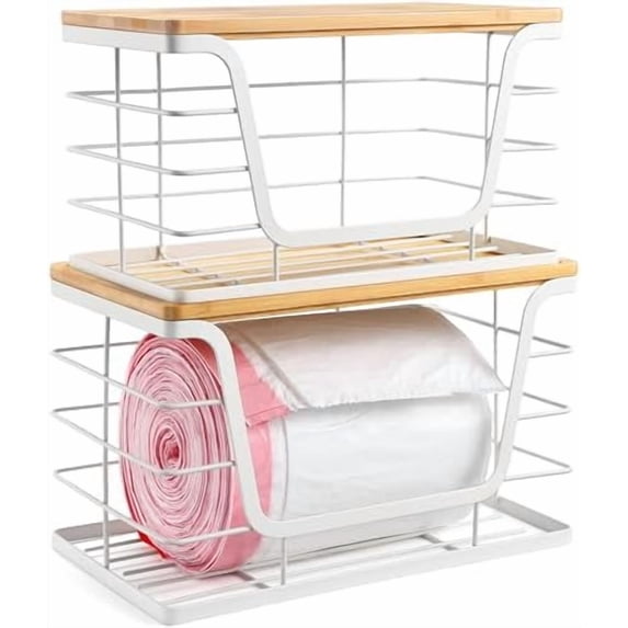 2 Pack Storage Stackable Kitchen Laundry Organizers with Bamboo Top ...