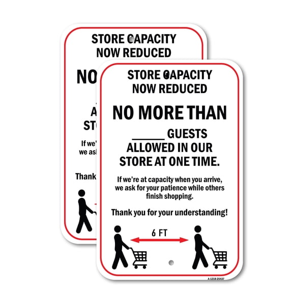 (2 Pack) Store Capacity Now Reduced No More Than 2 | 12" X 18" Heavy-Gauge Aluminum Sign | Rust Free Aluminum, Weather Resistant, Waterproof, Fade Resistant, 2 Pre-drilled Holes