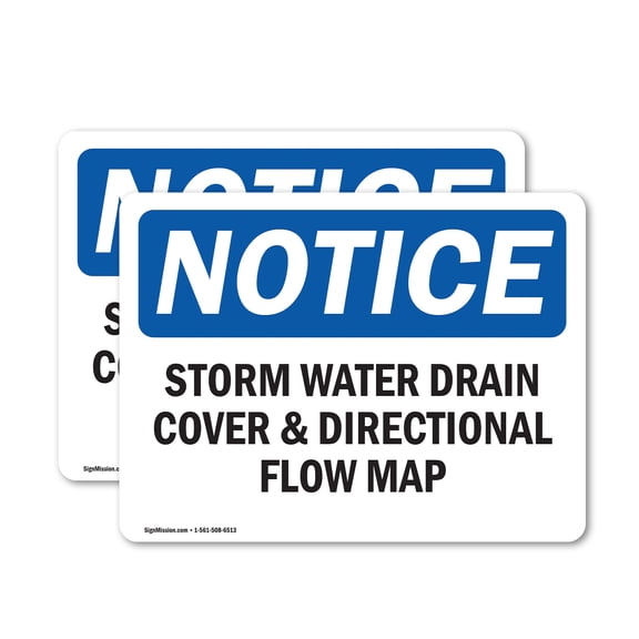 (2 Pack) Storm Water Drain Cover & Directional Flow Map OSHA Notice Sign