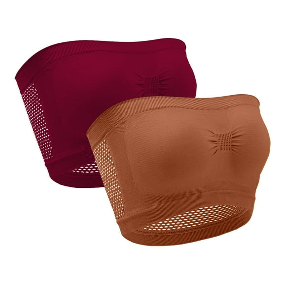 2 Pack Strapless Wireless Bras for Women Plus Size Bandeau Hollow Back Tube Top Bralette Comfort Full Coverage Push Up Bra, Brown