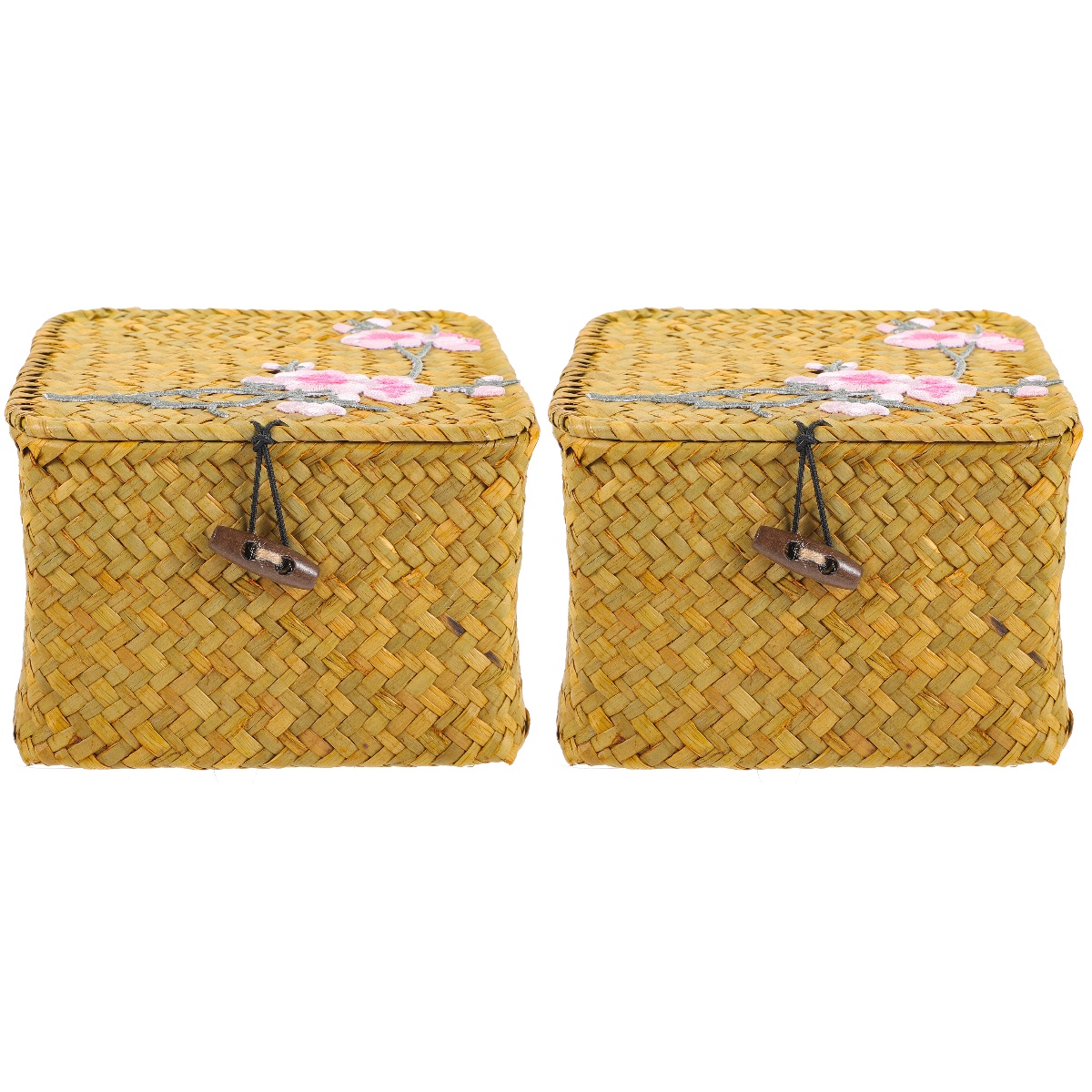 2 Pack Straw Storage Basket with Lid Hamper Small Woven Organizer