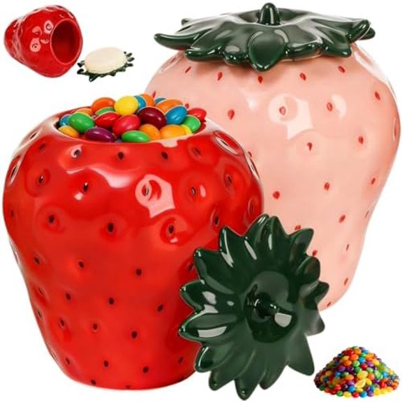 2 Pack Strawberry Storage Jars, 14 OZ Ceramic Cookie Containers with Airtight Lids, Cute Sugar Canisters Set, Candy and Coffee Bean Jar for Flour Nut Tea Spices Grains, Kitchen Farmhouse Decor