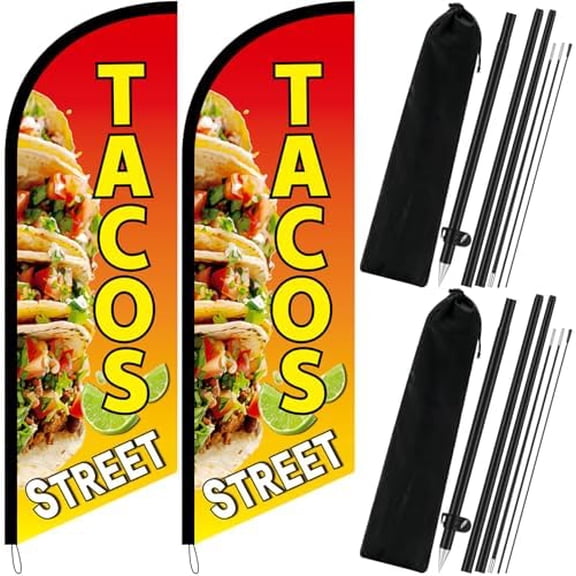 2 Pack Street Tacos Feather Flag 7 ft Flag Banner with Pole Ground Stake Advertising Feather Banner Sign for Tacos Business Restaurant Street Food Promotion Opening Events$$Other